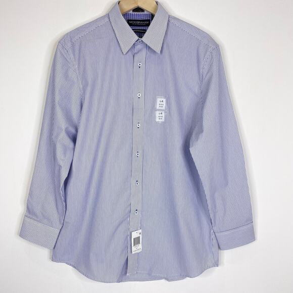 Nick Graham Stretch Modern Fit Blue Stripe Button Up Shirt Sz L Dressy Corpcore - Picture 2 of 8
